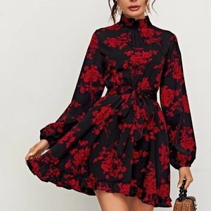 Floral cutout back self belted dress